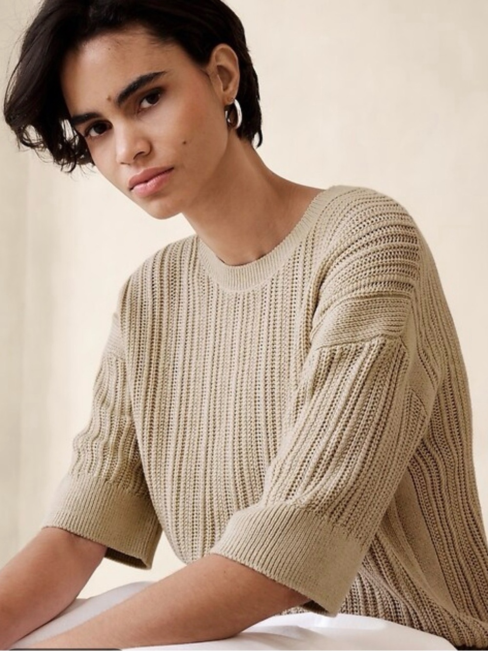 Banana Republic Oversized Open-Stitch Ribbed Sweater Size S Beige 100% cotton
